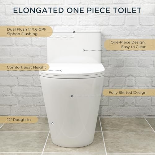 Compact One Piece Toilet with Quiet Soft Close Seat, Elongated Dual Flush 1.1/1.6GPF Standard Modern Toilet with Comfortable Seat Height, Easy-Clean Skirted Design, 12" Rough-In (White)