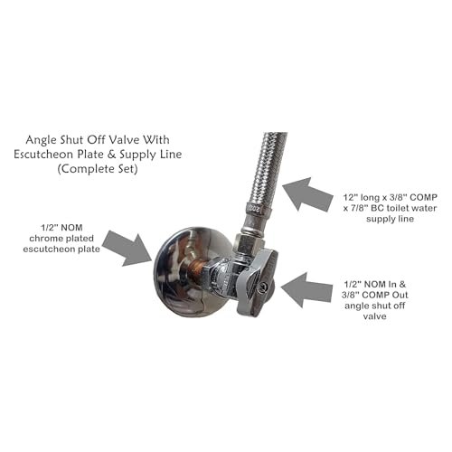 Complete Toilet Set Valve 1/2 in. NOM Inlet x 3/8 in. OD Compression Outlet Angle Shut Off + Escutcheon Plate + 12" Long Stainless Steel Braided Brass Nut Water Supply Line