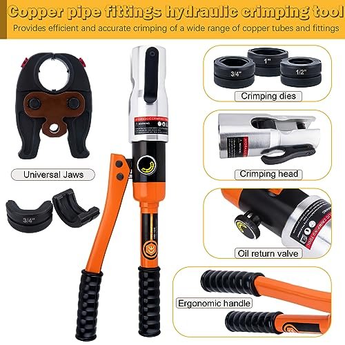 Copper Pipe Crimping Tool, W/ 1/2", 3/4", 1" Jaws, Copper Tube Fittings Hydraulic Pipe Crimping Tool, for Confined Spaces and Tee Fittings, Hydraulically Driven