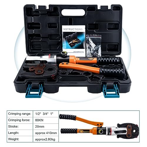 Copper Pipe Crimping Tool, W/ 1/2", 3/4", 1" Jaws, Copper Tube Fittings Hydraulic Pipe Crimping Tool, for Confined Spaces and Tee Fittings, Hydraulically Driven
