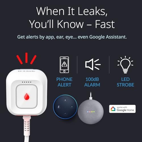 D-Link Next-Gen WiFi Water Leak Detector Starter Kit with 2 sensors—Loud 100 dB Sound Alarm—App Alert—LED Strobe Light—No Hub Required—Works with Google—1000ft Ultra-Long Range—Expandable (SW-A11KT)