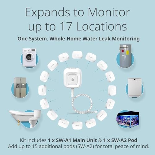 D-Link Next-Gen WiFi Water Leak Detector Starter Kit with 2 sensors—Loud 100 dB Sound Alarm—App Alert—LED Strobe Light—No Hub Required—Works with Google—1000ft Ultra-Long Range—Expandable (SW-A11KT)