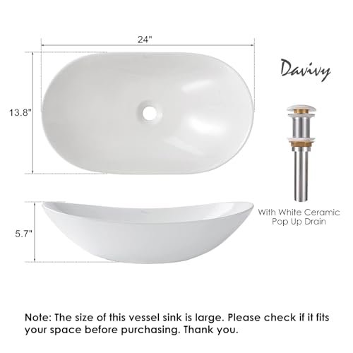 Davivy 24'' X 13.8'' Large Oval Vessel Sink with Pop Up Drain,Bathroom Vessel Sinks,Bathroom Sinks Above Counter,White Vessel Sink,Ceramic Vessel Sink,Oval Sink Bowls for Bathroom (Large)