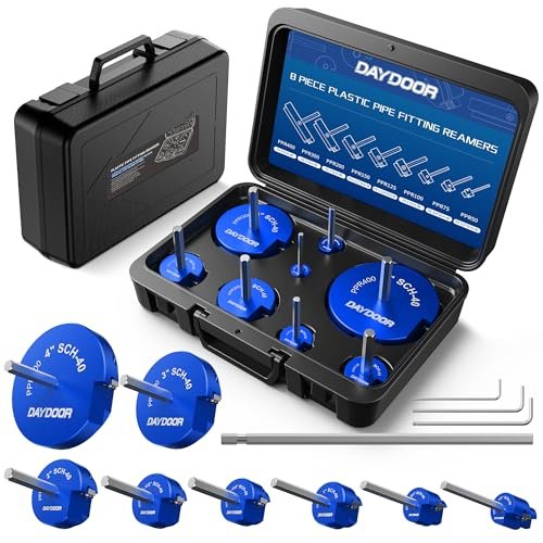 DAYDOOR PVC Pipe Reamer Kit, PVC Fitting Saver Contains 1/2'', 3/4'', 1'', 1 1/4'', 1 1/2'', 2'', 3'', 4'', Fit into Standard 1/2" Drill, for Use with Sch. 40 PVC, CPVC or ABS Fittings-8PCS