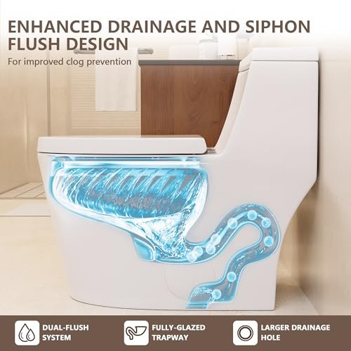Deer Valley Elongated One Piece Toilet with Soft Close Seat, Dual Flush (1.1/1.6GPF) High-Efficiency Modern Bathroom Toilet Bowl with 17" Comfortable ADA Seat Height, 12" Rough-In, White, F52636-01