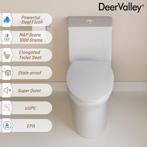 Deer Valley One Piece Toilet for Bathroom, MAP 1000g, Dual Flush 1.1/1.6 GPF, Modern Elongated Toilet with Comfort Height Soft Closing Seat, High-Efficiency & Space-Saving,12" Rough in, F52508PLUS