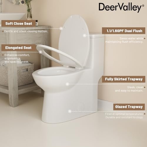 Deer Valley One Piece Toilet for Bathroom, MAP 1000g, Dual Flush 1.1/1.6 GPF, Modern Elongated Toilet with Comfort Height Soft Closing Seat, High-Efficiency & Space-Saving,12" Rough in, F52508PLUS
