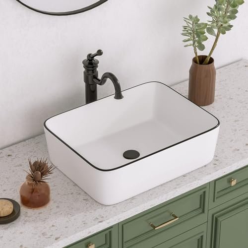 DeerValley 19" x 15" Bathroom Sink, Bathroom Vessel Sink Rectangular Above Counter Vessel Sinks, White Body Black Trim Vessel Sink, Porcelain Ceramic Vessel Vanity Sink Art Basin, DV-1V0002
