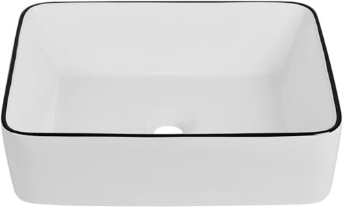 DeerValley 19" x 15" Bathroom Sink, Bathroom Vessel Sink Rectangular Above Counter Vessel Sinks, White Body Black Trim Vessel Sink, Porcelain Ceramic Vessel Vanity Sink Art Basin, DV-1V0002