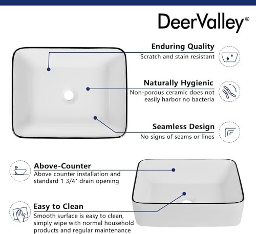 DeerValley 19" x 15" Bathroom Sink, Bathroom Vessel Sink Rectangular Above Counter Vessel Sinks, White Body Black Trim Vessel Sink, Porcelain Ceramic Vessel Vanity Sink Art Basin, DV-1V0002
