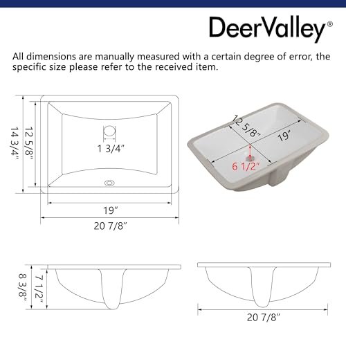 DeerValley DV-1U101 Ally Undermount Bathroom Sink Rectangular, 21'' x 15'' Vessel Sink Rectrangle Undermount Bathroom Sink White Ceramic Lavatory Vanity Vessel Sink with Overflow