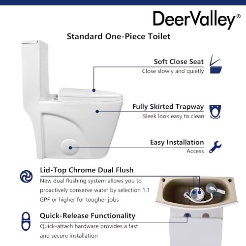 DeerValley Elongated One Piece Toilet for Bathrooms with Comfort Seat Height 17", Power Flush Toilet Bowl 1.1/1.6 GPF and 12'' Rough-In, 2102-1F01