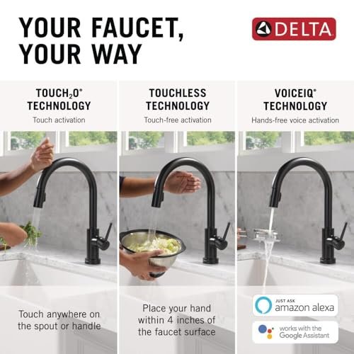 Delta Faucet Trinsic VoiceIQ Touch Kitchen Faucet with Touchless Technology, Black Kitchen Faucet, Smart Faucet, Alexa and Google Assistant Voice Activated, Matte Black 9159TLV-BL-DST