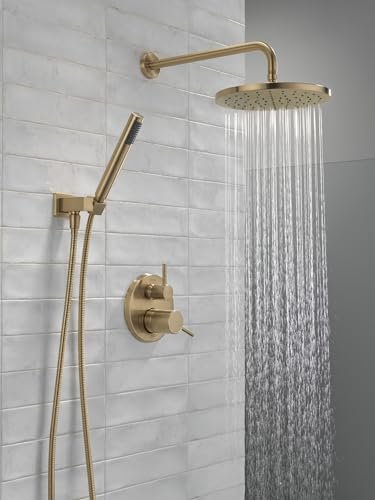 Delta Modern 14 Series Round Rain Shower System Faucet Set, Rainfall Brushed Gold Shower Head and Handle Set, Valve Trim Kit, 10 Inch, Champagne Bronze 342702-CZ