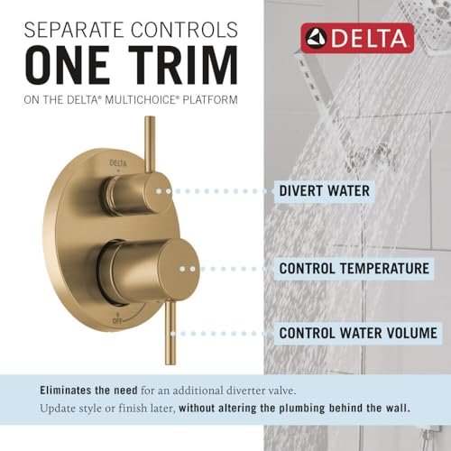 Delta Modern 14 Series Round Rain Shower System Faucet Set, Rainfall Brushed Gold Shower Head and Handle Set, Valve Trim Kit, 10 Inch, Champagne Bronze 342702-CZ