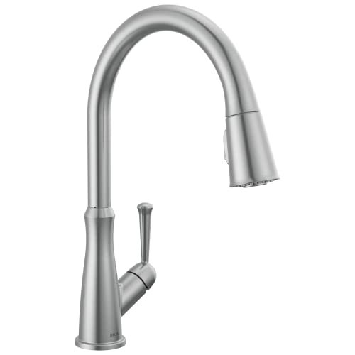 Delta Westville Brushed Nickel Kitchen Faucet with Pull Down Sprayer, Contemporary Single Hole Kitchen Sink Faucet, Single Handle, Arctic Stainless 9110-AR-DST