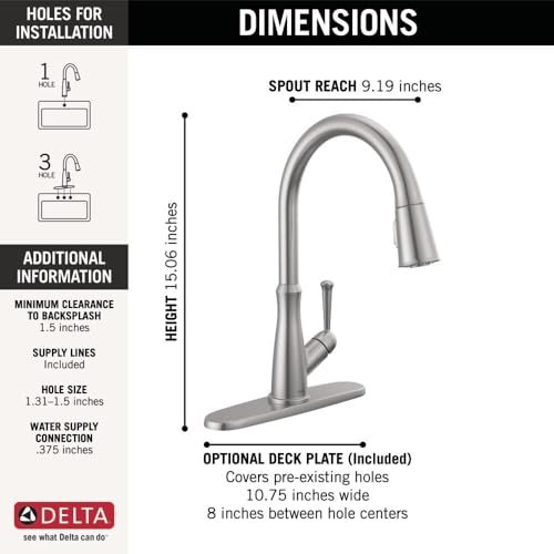 Delta Westville Brushed Nickel Kitchen Faucet with Pull Down Sprayer, Contemporary Single Hole Kitchen Sink Faucet, Single Handle, Arctic Stainless 9110-AR-DST