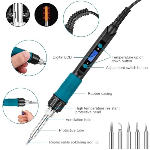 Digital Display Soldering Iron Kit 60W 110V - Adjustable Temp Control with Ceramic Heater, 9-in-1 Set Includes 5 Lead-Free Tips, Stand for Electronics Repair, PCB, DIY, Jewelry Making