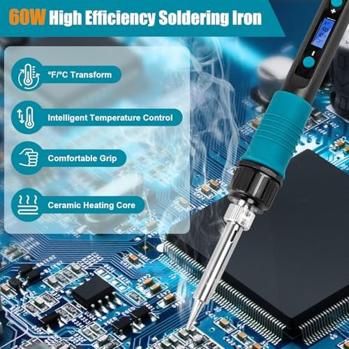 Digital Display Soldering Iron Kit 60W 110V - Adjustable Temp Control with Ceramic Heater, 9-in-1 Set Includes 5 Lead-Free Tips, Stand for Electronics Repair, PCB, DIY, Jewelry Making