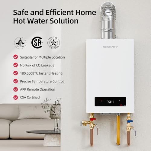 Direct Vent Tankless Water Heater Natural Gas, MIZUDO Max 7.9 GPM, 180,000 BTU, WiFi-Enabled, CSA Certified, Indoor Non-Condensing Instant Hot Water Heater for Residential Whole House, Gen 3