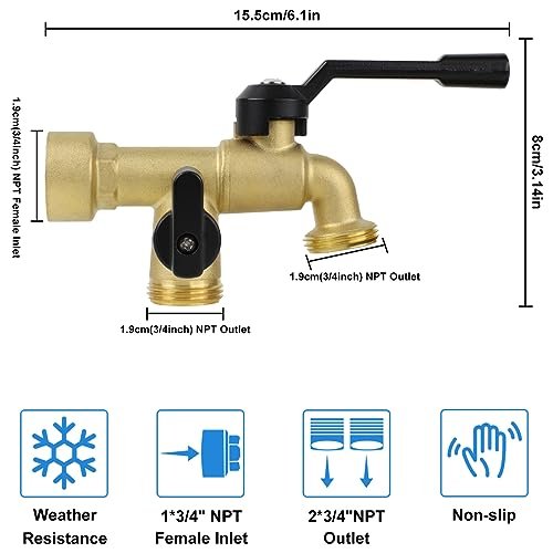Double Outdoor Faucet, Outside Tap Garden Water Faucet Wall Mounted 3/4 inch NPT Female Inlet & Two Outlets, Frost-proof Brass Outside Spigot for Home Balcony Hose Connector (Copper 3/4" Female Inlet)