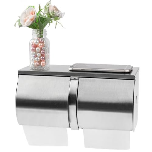 Double Roll Toilet Paper Holder Dispenser with Shelf Storage-Commercial 2-Roll Side by Side Stainless Steel Toilet Tissue Holder/Dispenser Wall Mount for Bathroom/Restroom-Brushed Finish