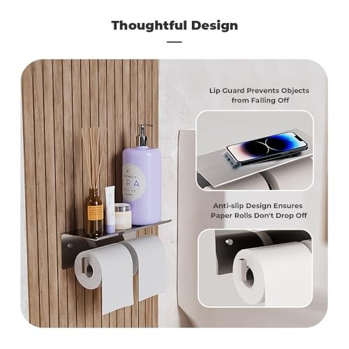 Double Toilet Paper Holder with Shelf, FreshGlow Large Tissue Holder Brushed Nickel, Wall Mount Commercial Toilet Paper Dispenser Phone Shelf Stainless Steel, Tissue Roll for Bathroom
