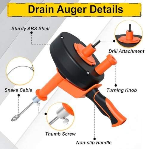 Drain Auger, 25ft 35ft 50ft Drain Snake with Drill Adapter, Plumbing Snake Clog Remover Use Manually or Powered for Kitchen, Bathtub and Shower Drains