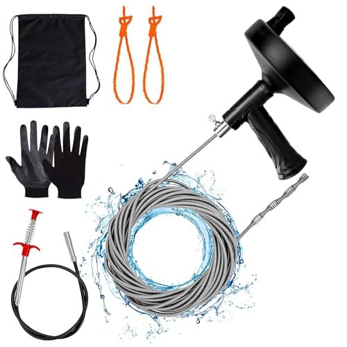 Drain Auger 33 Ft, Plumbing Snake Hair Clog Remover Drain Snake Flexible Grabber Heavy Duty Sink Cleaner Tools for Shower Bathtub Bathroom Kitchen Pipe