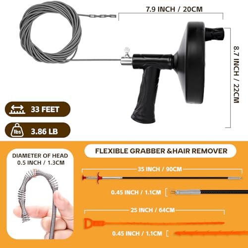 Drain Auger 33 Ft, Plumbing Snake Hair Clog Remover Drain Snake Flexible Grabber Heavy Duty Sink Cleaner Tools for Shower Bathtub Bathroom Kitchen Pipe