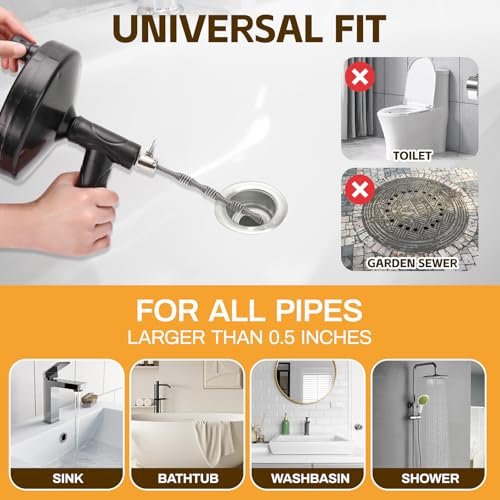 Drain Auger 33 Ft, Plumbing Snake Hair Clog Remover Drain Snake Flexible Grabber Heavy Duty Sink Cleaner Tools for Shower Bathtub Bathroom Kitchen Pipe