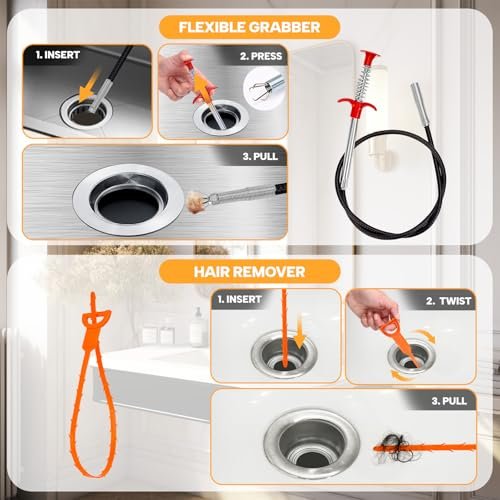 Drain Auger 33 Ft, Plumbing Snake Hair Clog Remover Drain Snake Flexible Grabber Heavy Duty Sink Cleaner Tools for Shower Bathtub Bathroom Kitchen Pipe