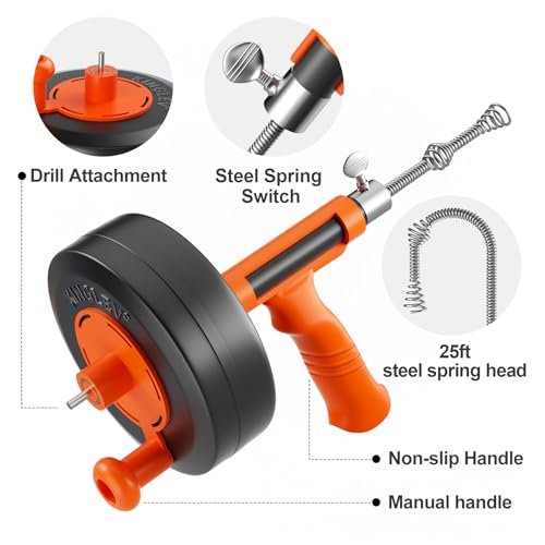 Drain Auger, Drain Snake With Drill Adapter, 25ft Plumbing Auger Heavy Duty Flexible Sink Steel Plumbing Auger Bathroom Hair Clog Removal Tool, Manual Or Powered - No auto retract or feed