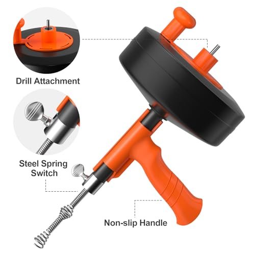 Drain Auger, Plumbing Snake With Drill Adapter, 35ft Heavy Duty Flexible Sink Steel Plumbing Auger Bathroom Hair Clog Removal Tool, Manual Or Powered - No auto retract or feed