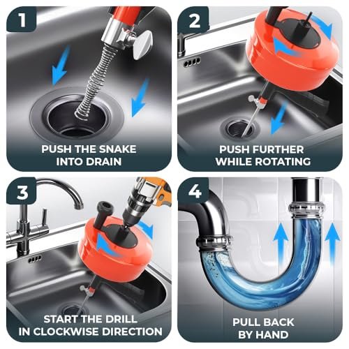 drain snake 2.0 [50 FT] - with drill attachment - Ideal plumbing snake for sink and drain unblocking - Solid drain auger for real DYIs! (50 FT - 1/4 inch)