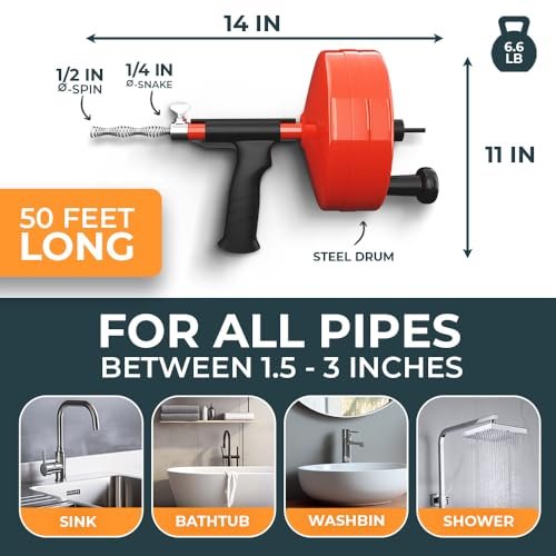drain snake 2.0 [50 FT] - with drill attachment - Ideal plumbing snake for sink and drain unblocking - Solid drain auger for real DYIs! (50 FT - 1/4 inch)