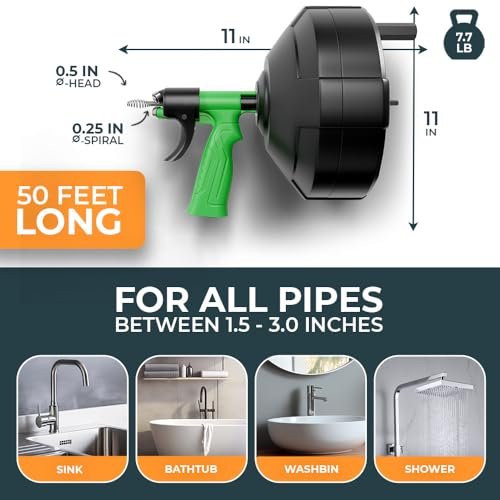 drain snake [50FT] - Auto Feed - Ideal plumbing snake for sink and drain unblocking - Solid drain auger for real DYIs!