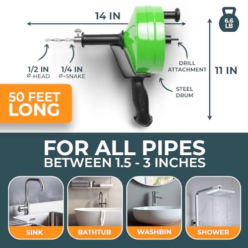 drain snake [50FT] - with drill attachment - Ideal plumbing snake for sink and drain unblocking - Solid drain auger for real DYIs! (50 FT - 1/4 inch)