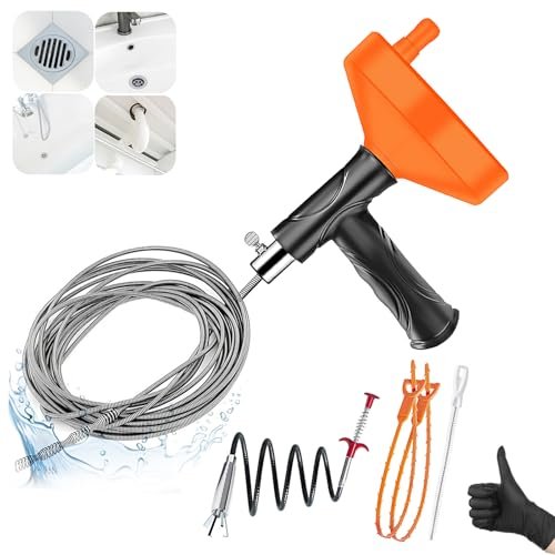 Drain Snake Auger 33 Feet, Plumbing Snake Drain Hair Clog Removal Tool, Heavy Duty Toilet Snake Auger, Sink Unclogger Drain Cleaner Tool for Bathroom Kitchen Tub Shower Drain Clog Remover with Gloves