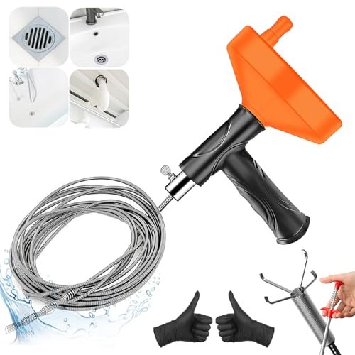 Drain Snake Auger 33 Feet, Plumbing Snake Drain Hair Clog Removal Tool, Sink Unclogger Drain, Heavy Duty Toilet Snake Auger, Cleaner Tool for Bathroom Kitchen Tub Shower Drain Clog Remover with Gloves