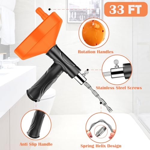 Drain Snake Auger 33 Feet, Plumbing Snake Drain Hair Clog Removal Tool, Sink Unclogger Drain, Heavy Duty Toilet Snake Auger, Cleaner Tool for Bathroom Kitchen Tub Shower Drain Clog Remover with Gloves