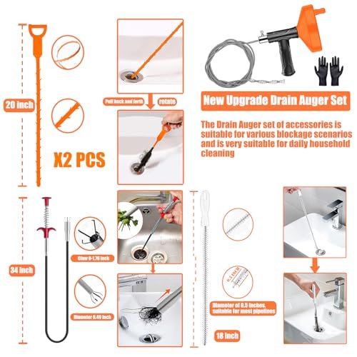 Drain Snake Auger 33 Feet, Plumbing Snake Drain Hair Clog Removal Tool, Sink Unclogger Drain, Heavy Duty Toilet Snake Auger, Cleaner Tool for Bathroom Kitchen Tub Shower Drain Clog Remover with Gloves