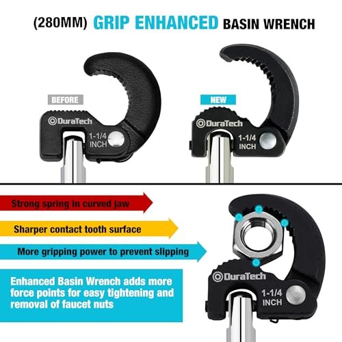 DURATECH 11" Basin Wrench, Sink Wrench, Adjustable Tap Nut Spanner Basin Spanner, Capacity of 3/8" to 1-1/4" for Fixing Back and Union Nuts Under Sink