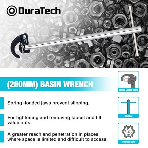 DURATECH 11" Basin Wrench, Sink Wrench, Adjustable Tap Nut Spanner Basin Spanner, Capacity of 3/8" to 1-1/4" for Fixing Back and Union Nuts Under Sink
