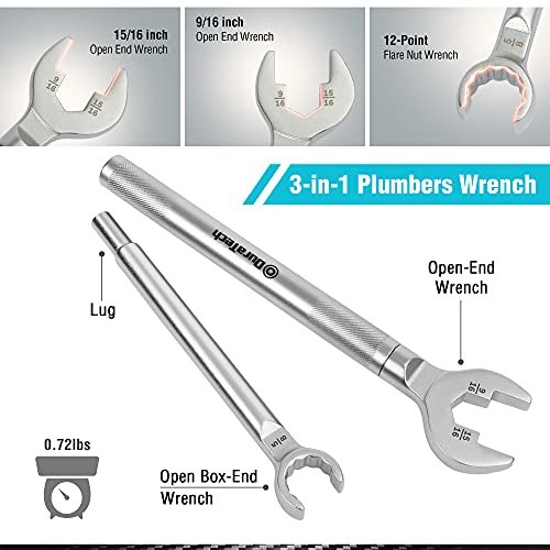 DURATECH 3-in-1 Plumber wrench & 4 Way Sillcock Key, 2-Pack, for Valve, Faucet nuts, and Spigots