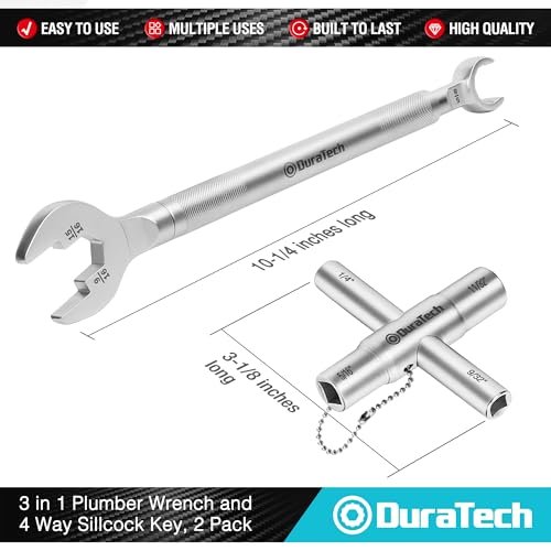 DURATECH 3-in-1 Plumber wrench & 4 Way Sillcock Key, 2-Pack, for Valve, Faucet nuts, and Spigots