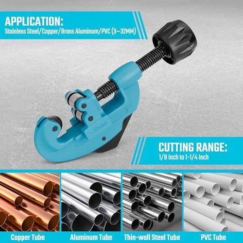 DURATECH Tubing Cutter 1/8"-1-1/4", Copper, Aluminum, Brass and Plastic Tubing Quick-Acting Cutter, With Replacement Wheel and Reamer