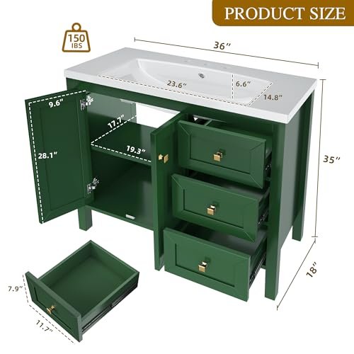 DWVO 36 Inch Bathroom Vanity with Sink Combo, Modern Bathroom Storage Cabinet with Resin Basin, Three Holes, 2 Doors & 3 Drawers, Green