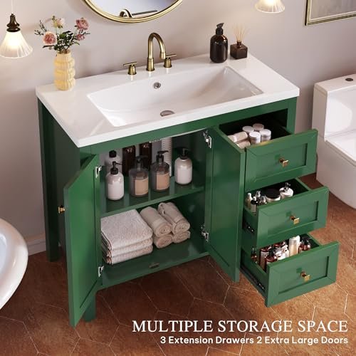 DWVO 36 Inch Bathroom Vanity with Sink Combo, Modern Bathroom Storage Cabinet with Resin Basin, Three Holes, 2 Doors & 3 Drawers, Green