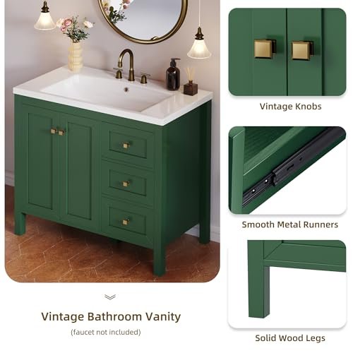 DWVO 36 Inch Bathroom Vanity with Sink Combo, Modern Bathroom Storage Cabinet with Resin Basin, Three Holes, 2 Doors & 3 Drawers, Green